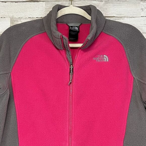 North Face Full Zip Pink Gray Fleece Jacket Logo Pocket Mock Collar Size Large - Picture 2 of 9